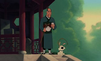 Movie still from “Mulan” (1998), directed by Tony Bancroft – An animated picture of an old man and a dog; Medium shot, Low angle