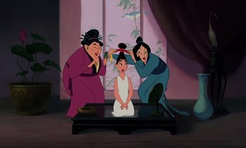 Movie still from “Mulan” (1998), directed by Tony Bancroft – A group of three women standing next to each other; Medium shot, Over the shoulder angle