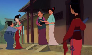 Movie still from “Mulan” (1998), directed by Tony Bancroft – A group of women standing next to each other; Wide shot, Over the shoulder angle