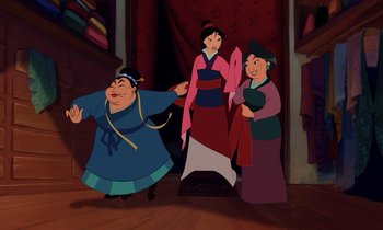 Movie still from “Mulan” (1998), directed by Tony Bancroft – A group of women standing next to each other; Medium shot, Over the shoulder angle