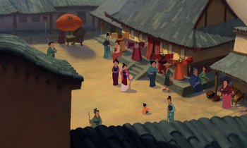 Movie still from “Mulan” (1998), directed by Tony Bancroft – An animated scene of a village with people and buildings; Extreme Wide shot, High angle