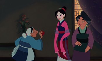Movie still from “Mulan” (1998), directed by Tony Bancroft – A group of women standing next to each other; Medium shot, Over the shoulder angle