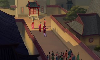 Movie still from “Mulan” (1998), directed by Tony Bancroft – A group of people standing in front of a building; Extreme Wide shot, High angle
