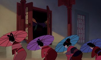 Movie still from “Mulan” (1998), directed by Tony Bancroft – A group of people holding umbrellas in front of a door; Wide shot, Over the shoulder angle