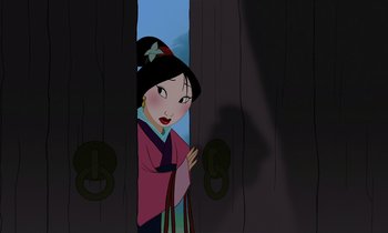 Movie still from “Mulan” (1998), directed by Tony Bancroft – A cartoon of a woman in a kimono looking out of a window; Medium shot, Over the shoulder angle