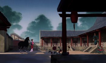 Movie still from “Mulan” (1998), directed by Tony Bancroft – A woman in a red dress standing next to a horse; Extreme Wide shot, Low angle