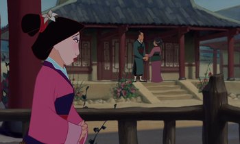 Movie still from “Mulan” (1998), directed by Tony Bancroft – An animated scene of a woman and a man shaking hands in front of a house; Wide shot, Over the shoulder angle