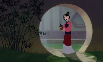 Movie still from “Mulan” (1998), directed by Tony Bancroft – A woman in traditional chinese clothing holding a basket; Wide shot, Over the shoulder angle