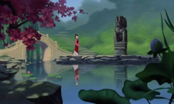 Movie still from “Mulan” (1998), directed by Tony Bancroft – A painting of mulan standing in front of a statue; Extreme Wide shot, Over the shoulder angle