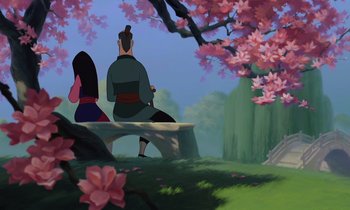Movie still from “Mulan” (1998), directed by Tony Bancroft – A couple of people sitting on top of a wooden bench; Wide shot, Over the shoulder angle