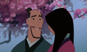 Movie still from “Mulan” (1998), directed by Tony Bancroft – An animated man and a woman are looking at one another; Close Up shot, Over the shoulder angle
