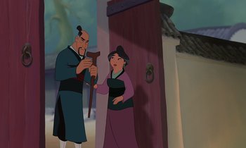 Movie still from “Mulan” (1998), directed by Tony Bancroft – An animated scene of a man and a woman; Medium shot, Over the shoulder angle