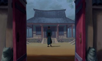 Movie still from “Mulan” (1998), directed by Tony Bancroft – An animated picture of a man standing in front of a house; Extreme Wide shot, Over the shoulder angle