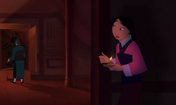 Movie still from “Mulan” (1998), directed by Tony Bancroft – Mulan is holding a plate of food in her hand; Medium shot, Over the shoulder angle