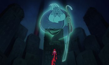 Movie still from “Mulan” (1998), directed by Tony Bancroft – An old man with a cane is standing in front of an older man; Medium shot, Low angle