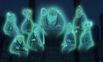 Movie still from “Mulan” (1998), directed by Tony Bancroft – A group of people that are standing in a room; Medium shot, Low angle