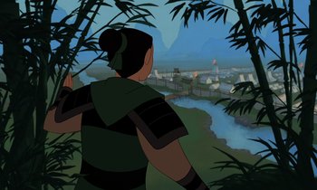 Movie still from “Mulan” (1998), directed by Tony Bancroft – An animated picture of a woman looking out over a river; Wide shot, Over the shoulder angle