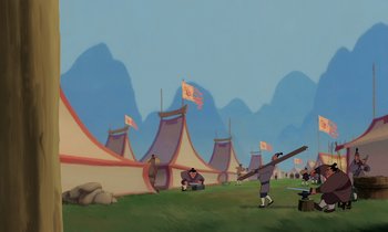 Movie still from “Mulan” (1998), directed by Tony Bancroft – An illustration of a man holding a baseball bat in a field; Extreme Wide shot, Low angle