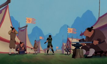 Movie still from “Mulan” (1998), directed by Tony Bancroft – An illustration of a man in a green outfit holding a baseball bat in front of a crowd of people; Extreme Wide shot, Over the shoulder angle