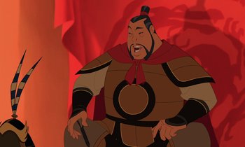 Movie still from “Mulan” (1998), directed by Tony Bancroft – An animated picture of a man in a chinese outfit laughing; Medium shot, Over the shoulder angle