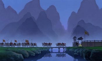 Movie still from “Mulan” (1998), directed by Tony Bancroft – A group of people riding on a horse drawn carriage across a bridge; Extreme Wide shot, Low angle