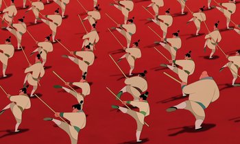 Movie still from “Mulan” (1998), directed by Tony Bancroft – A group of people standing on top of a red floor; Extreme Wide shot, Overhead angle