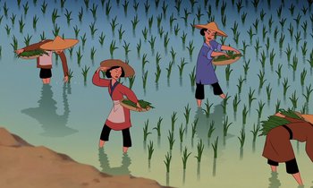 Movie still from “Mulan” (1998), directed by Tony Bancroft – A group of people standing in the grass; Wide shot, High angle