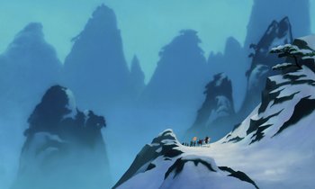 Movie still from “Mulan” (1998), directed by Tony Bancroft – A group of people on a snowy mountain; Extreme Wide shot, Low angle