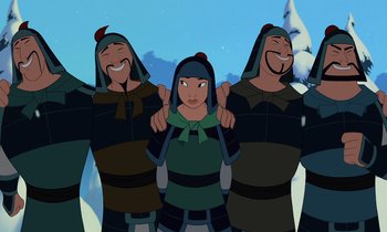 Movie still from “Mulan” (1998), directed by Tony Bancroft – A group of people standing next to each other in front of a snowy hill; Medium shot, Over the shoulder angle
