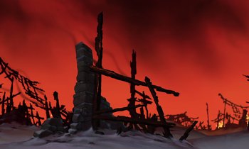 Movie still from “Mulan” (1998), directed by Tony Bancroft – An illustration of a red sky and a pile of rubble; Extreme Wide shot, Low angle