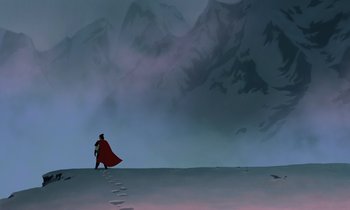 Movie still from “Mulan” (1998), directed by Tony Bancroft – A man walking across a snow covered field; Extreme Wide shot, High angle