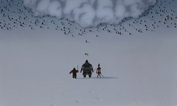 Movie still from “Mulan” (1998), directed by Tony Bancroft – A group of people standing on top of a snow covered slope; Extreme Wide shot, High angle