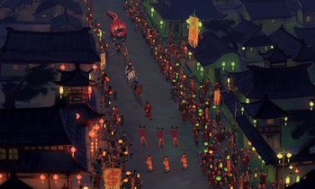 Movie still from “Mulan” (1998), directed by Tony Bancroft – An aerial view of a street with a lot of people walking on it; Extreme Wide shot, High angle
