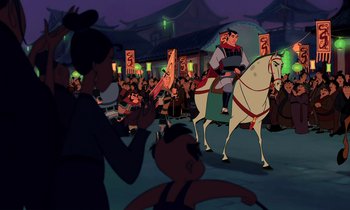 Movie still from “Mulan” (1998), directed by Tony Bancroft – A crowd of people watching a man on a white horse; Wide shot, Over the shoulder angle