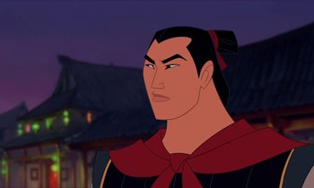 Movie still from “Mulan” (1998), directed by Tony Bancroft – A person wearing a costume; Close Up shot, Over the shoulder angle
