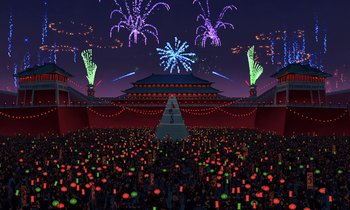 Movie still from “Mulan” (1998), directed by Tony Bancroft – A crowd of people standing in front of a building; Extreme Wide shot, High angle