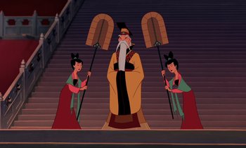Movie still from “Mulan” (1998), directed by Tony Bancroft – A scene of a cartoon character with two women holding brooms and one of the woman is standing up; Wide shot, Low angle