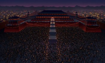 Movie still from “Mulan” (1998), directed by Tony Bancroft – A crowd of people standing in front of a building at night; Extreme Wide shot, High angle
