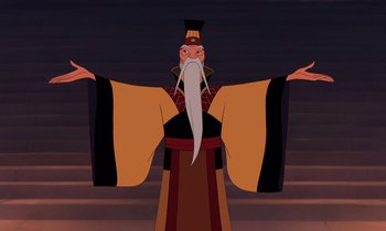 Movie still from “Mulan” (1998), directed by Tony Bancroft – An animated picture of an old man with a long beard; Medium shot, Low angle