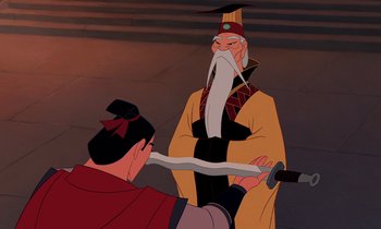 Movie still from “Mulan” (1998), directed by Tony Bancroft – An animated scene of a man holding a sword; Medium shot, Over the shoulder angle