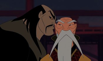 Movie still from “Mulan” (1998), directed by Tony Bancroft – A man with long black hair is kissing a man with long black hair; Close Up shot, Over the shoulder angle