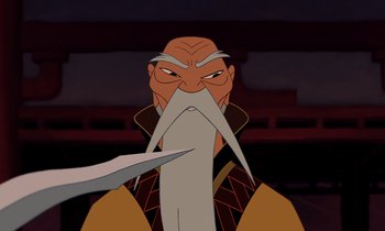 Movie still from “Mulan” (1998), directed by Tony Bancroft – An animated picture of an old man holding a sword; Close Up shot, Over the shoulder angle