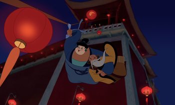 Movie still from “Mulan” (1998), directed by Tony Bancroft – An animated picture of a man hanging from a string; Wide shot, Low angle
