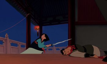 Movie still from “Mulan” (1998), directed by Tony Bancroft – Mulan and shang lie on the ground with a sword in their hands; Wide shot, Over the shoulder angle