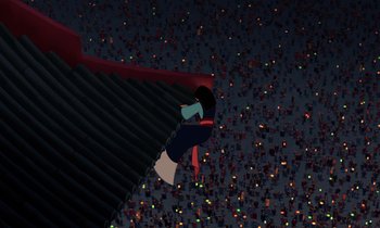 Movie still from “Mulan” (1998), directed by Tony Bancroft – An illustration of a person standing in a crowd; Extreme Wide shot, Overhead angle