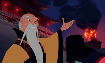 Movie still from “Mulan” (1998), directed by Tony Bancroft – An old man with a long gray beard is standing in front of a building; Medium shot, Low angle