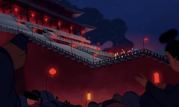 Movie still from “Mulan” (1998), directed by Tony Bancroft – An illustration of people walking on a bridge at night; Extreme Wide shot, Low angle