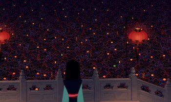 Movie still from “Mulan” (1998), directed by Tony Bancroft – A crowd of people standing in front of a fence; Extreme Wide shot, High angle