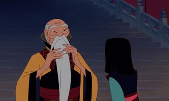 Movie still from “Mulan” (1998), directed by Tony Bancroft – An old man with a long white beard; Medium shot, Over the shoulder angle