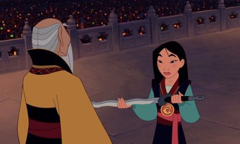 Movie still from “Mulan” (1998), directed by Tony Bancroft – Mulan is holding a sword in front of an old man; Medium shot, Over the shoulder angle